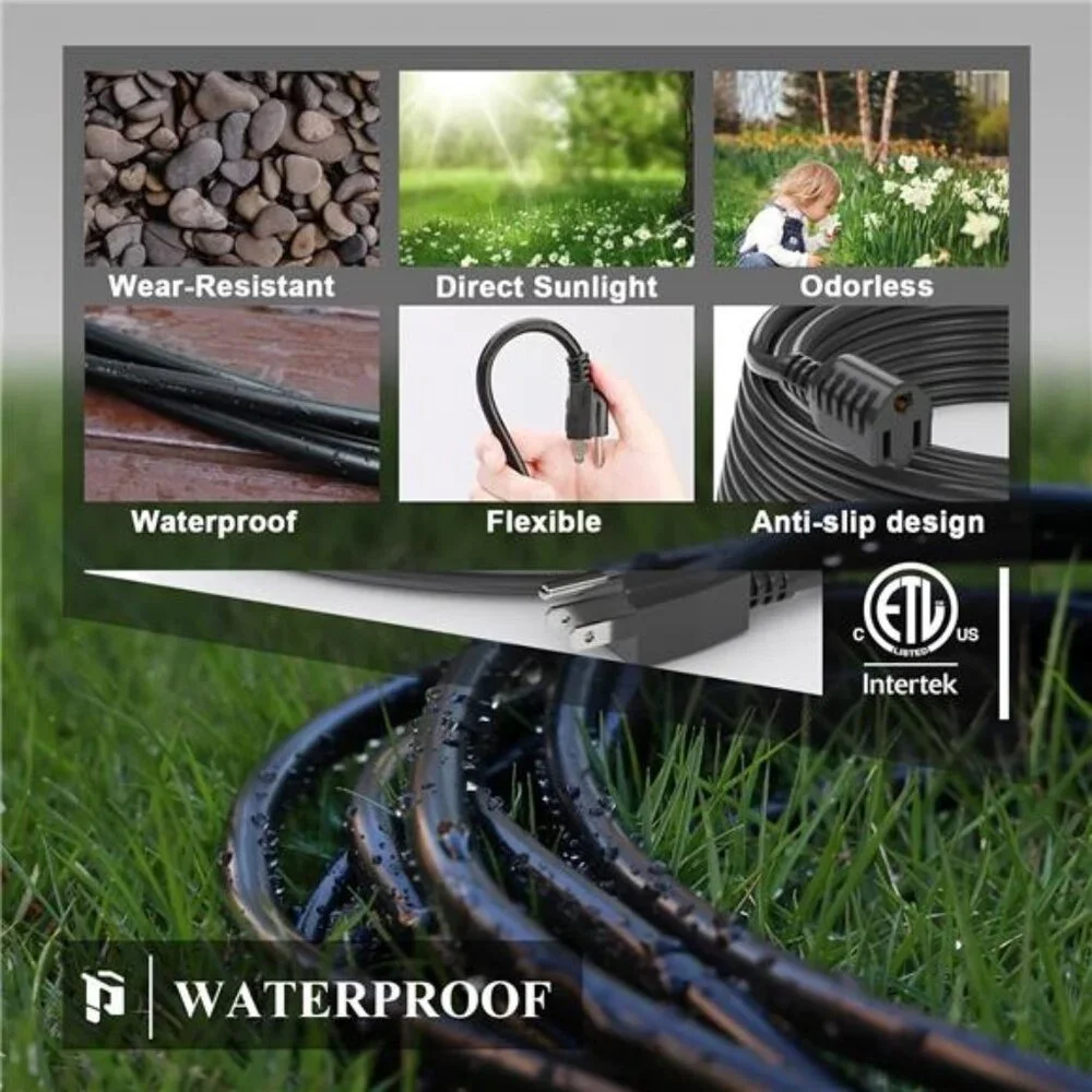 Outdoor Extension Cord 15 FT Waterproof, 16/3 Gauge Black Heavy Duty 3 ProngCord
